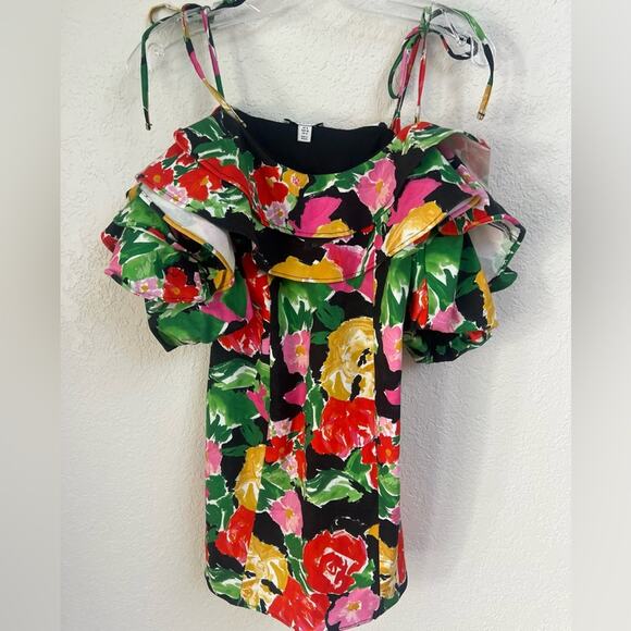 NWOT Topshop Spanish Bloom Floral Ruffle Cold Shoulder Bardot Dress - Sz 4 - Picture 6 of 8